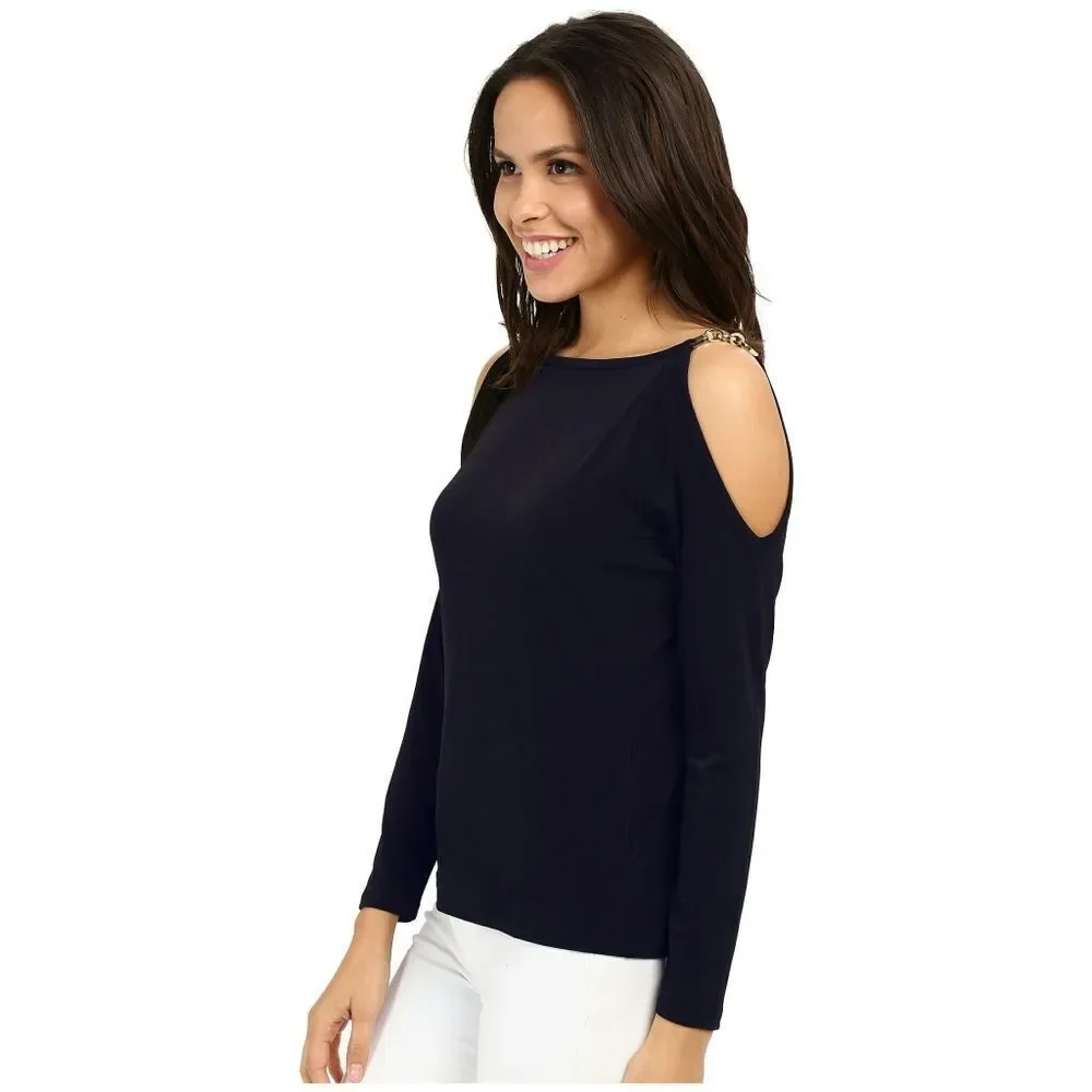 New! MICHAEL KORS Women's Chain Cold Shoulder Top Blouse Navy Blue Size Medium